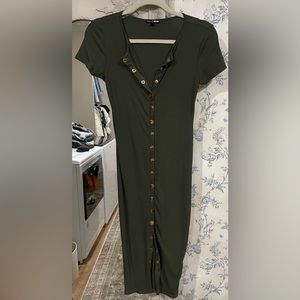 Olive ribbed gold button down dress.
